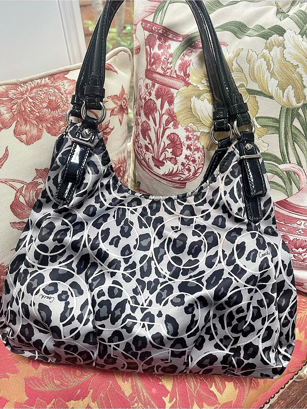 COACH Signature Stripe Ocelot Convertible Hobo Black & Gray